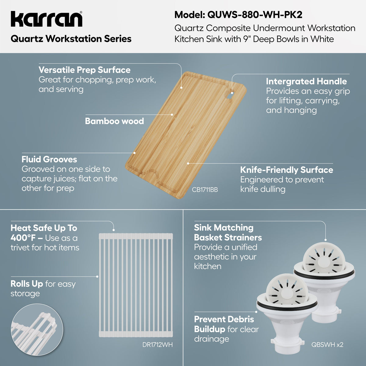 32" Undermount Double Bowl Quartz Kitchen Sink Kit In White
