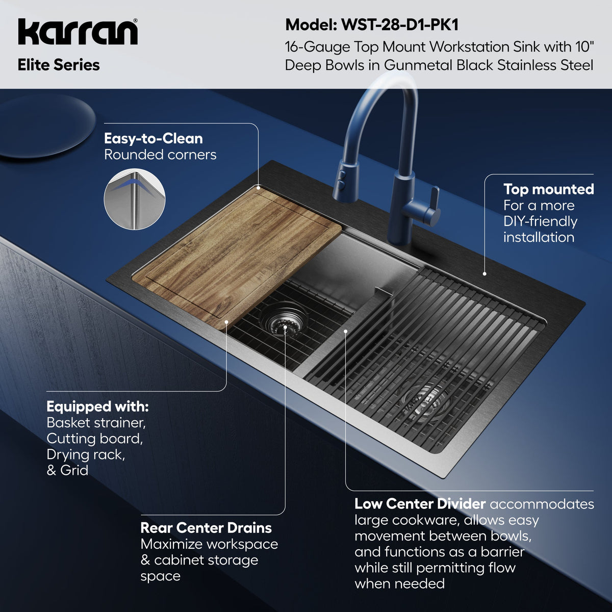 Elite 33" Top Mount Workstation 16 Gauge Stainless Steel Double Bowl Kitchen Sink In Gunmetal Black