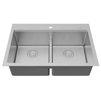 Fusion 33" Top Mount Workstation 16 Gauge Double Bowl Stainless Steel Sink with Accessories