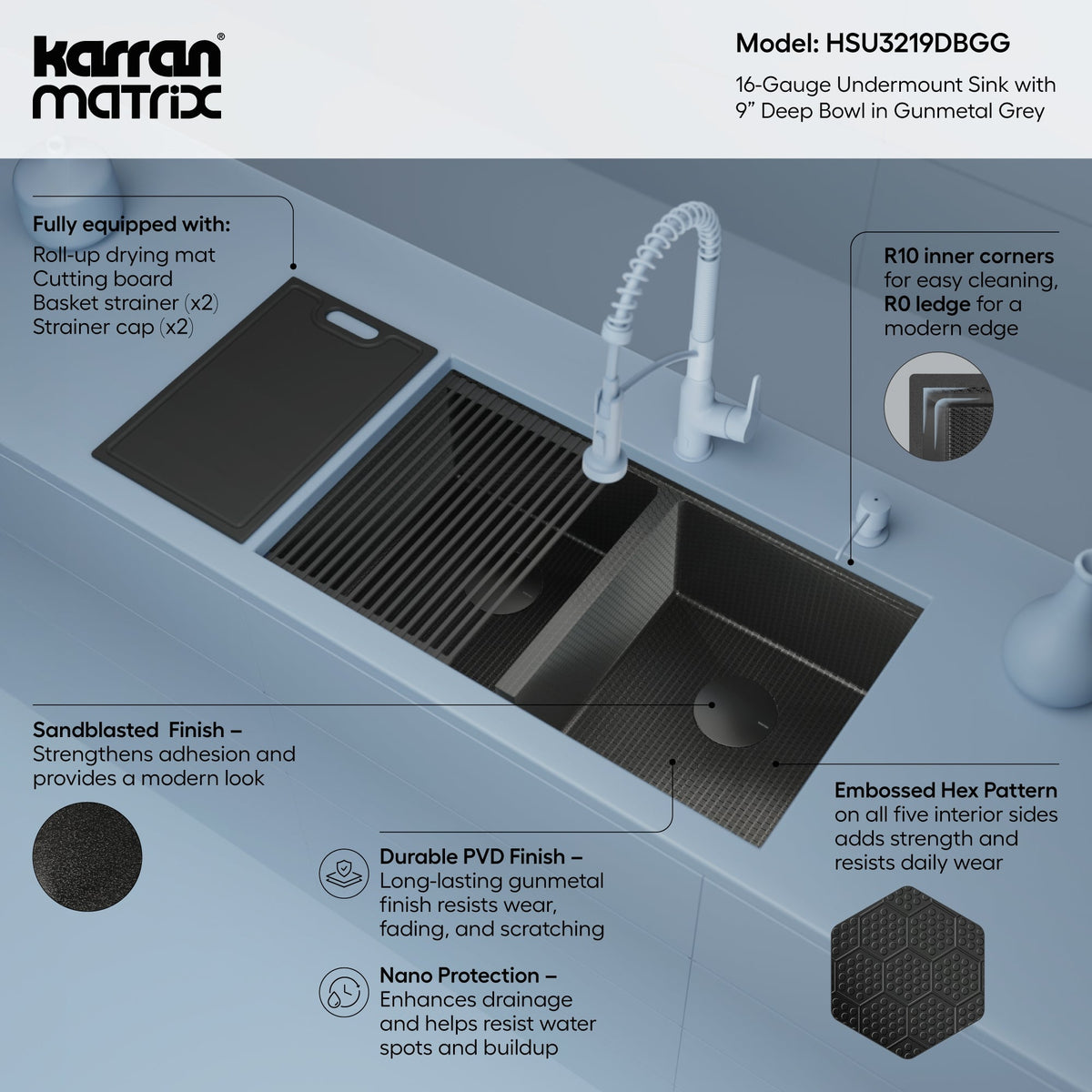 Matrix 32" Undermount Workstation 16 Gauge Double Bowl Stainless Steel Kitchen Sink In Gunmetal Grey with Accessories
