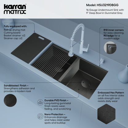 Matrix 32" Undermount Workstation 16 Gauge Double Bowl Stainless Steel Kitchen Sink In Gunmetal Grey with Accessories
