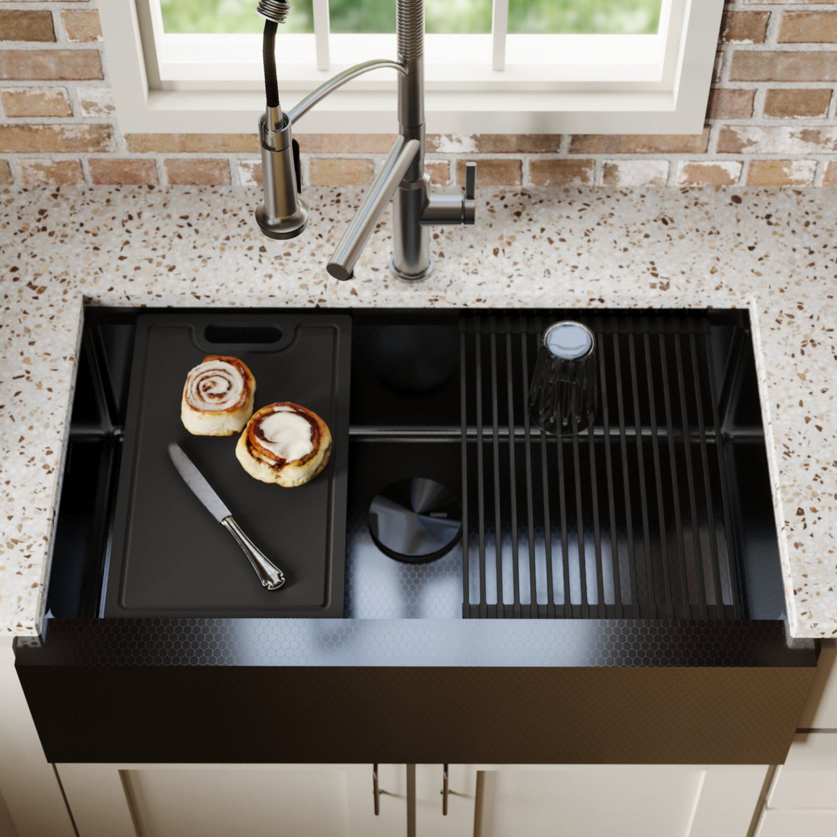 Matrix 33" Farmhouse Workstation 16 Gauge Single Bowl Gunmetal Grey Kitchen Sink with Accessories