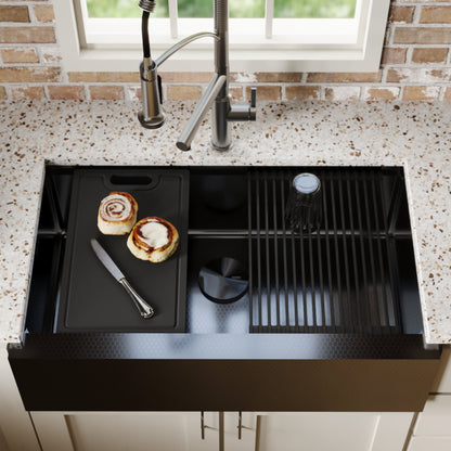Matrix 33" Farmhouse Workstation 16 Gauge Single Bowl Gunmetal Grey Kitchen Sink with Accessories