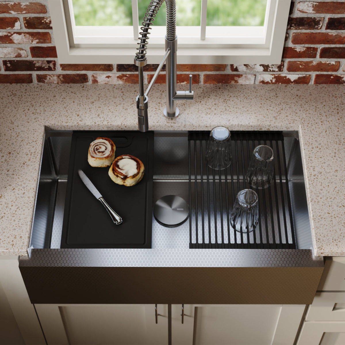 Matrix 33" Farmhouse Workstation 16 Gauge Single Bowl Stainless Steel Kitchen Sink with Accessories