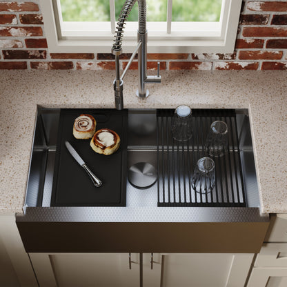 Matrix 33" Farmhouse Workstation 16 Gauge Single Bowl Stainless Steel Kitchen Sink with Accessories