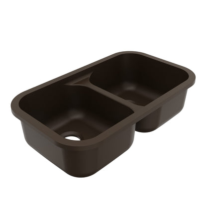 32-7/8" Seamless Undermount Doube Equal Bowl Quartz Composite Kitchen Sink In Brown