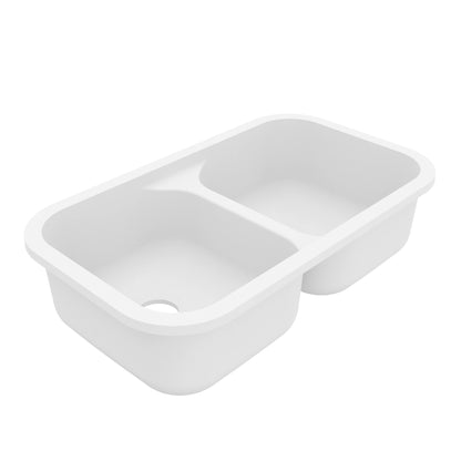 32-7/8" Seamless Undermount Doube Equal Bowl Quartz Composite Kitchen Sink In White