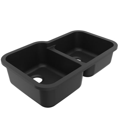 32-3/8" Seamless Undermount Double Offset Bowl Quartz Composite Kitchen Sink In Black