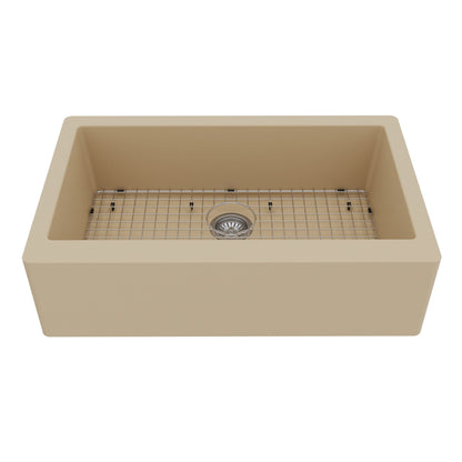 Farmhouse/Apron-Front Quartz Composite 34" Single Bowl Kitchen Sink Kit In Bisque