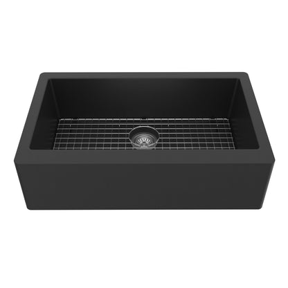 34" Farmhouse Large Single Bowl Quartz Composite Kitchen Sink Kit In Black