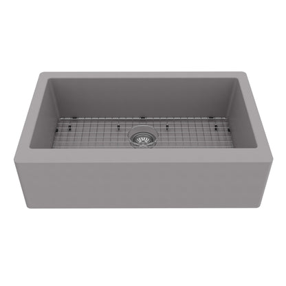 34" Farmhouse Large Single Bowl Quartz Composite Kitchen Sink Kit In Grey