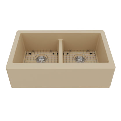 34" Farmhouse Double Equal Bowl Quartz Composite Kitchen Sink Kit In Bisque