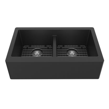 34" Farmhouse Double Equal Bowl Quartz Composite Kitchen Sink Kit In Black