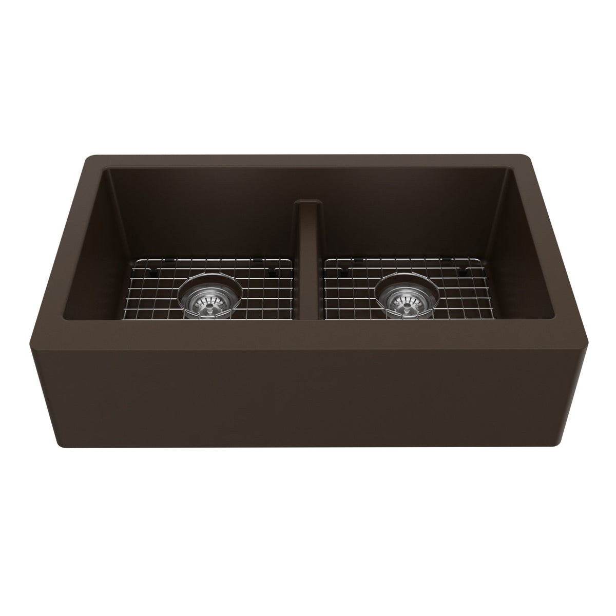 34" Farmhouse Double Equal Bowl Quartz Composite Kitchen Sink Kit In Brown