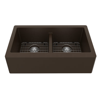 34" Farmhouse Double Equal Bowl Quartz Composite Kitchen Sink Kit In Brown