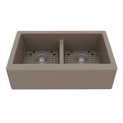 34" Farmhouse Double Equal Bowl Quartz Composite Kitchen Sink Kit In Concrete