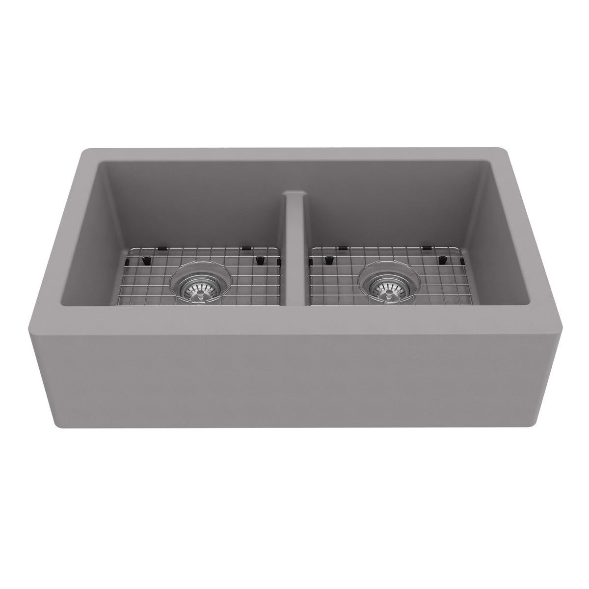 34" Farmhouse Double Equal Bowl Quartz Composite Kitchen Sink Kit In Grey