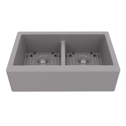 34" Farmhouse Double Equal Bowl Quartz Composite Kitchen Sink Kit In Grey