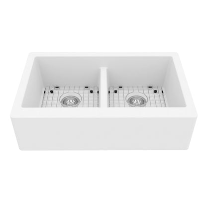 34" Farmhouse Double Equal Bowl Quartz Composite Kitchen Sink Kit In White