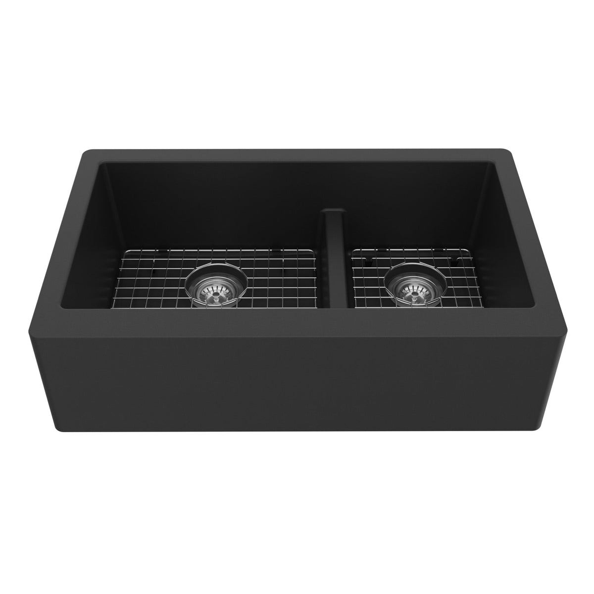 34" Farmhouse Double Offset Bowl Quartz Composite Kitchen Sink Kit In Black