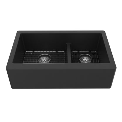 34" Farmhouse Double Offset Bowl Quartz Composite Kitchen Sink Kit In Black
