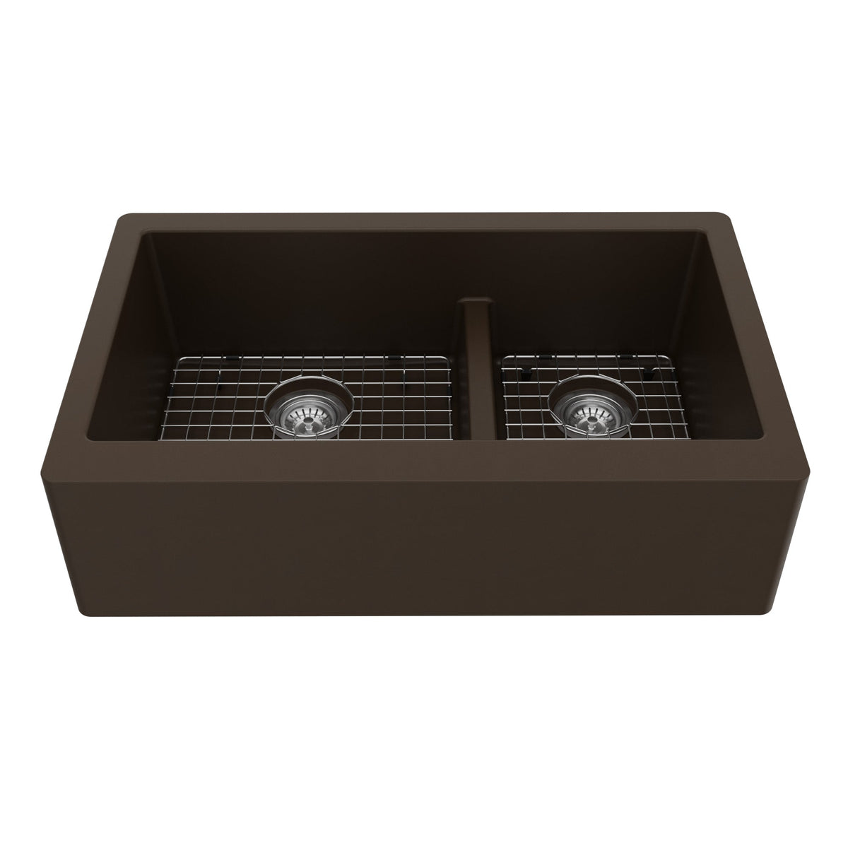 34" Farmhouse Double Offset Bowl Quartz Composite Kitchen Sink Kit In Brown