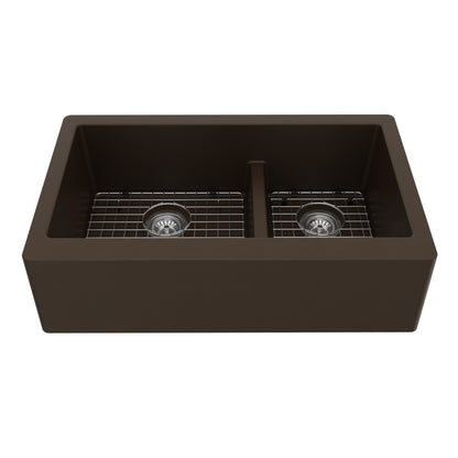 34" Farmhouse Double Offset Bowl Quartz Composite Kitchen Sink Kit In Brown