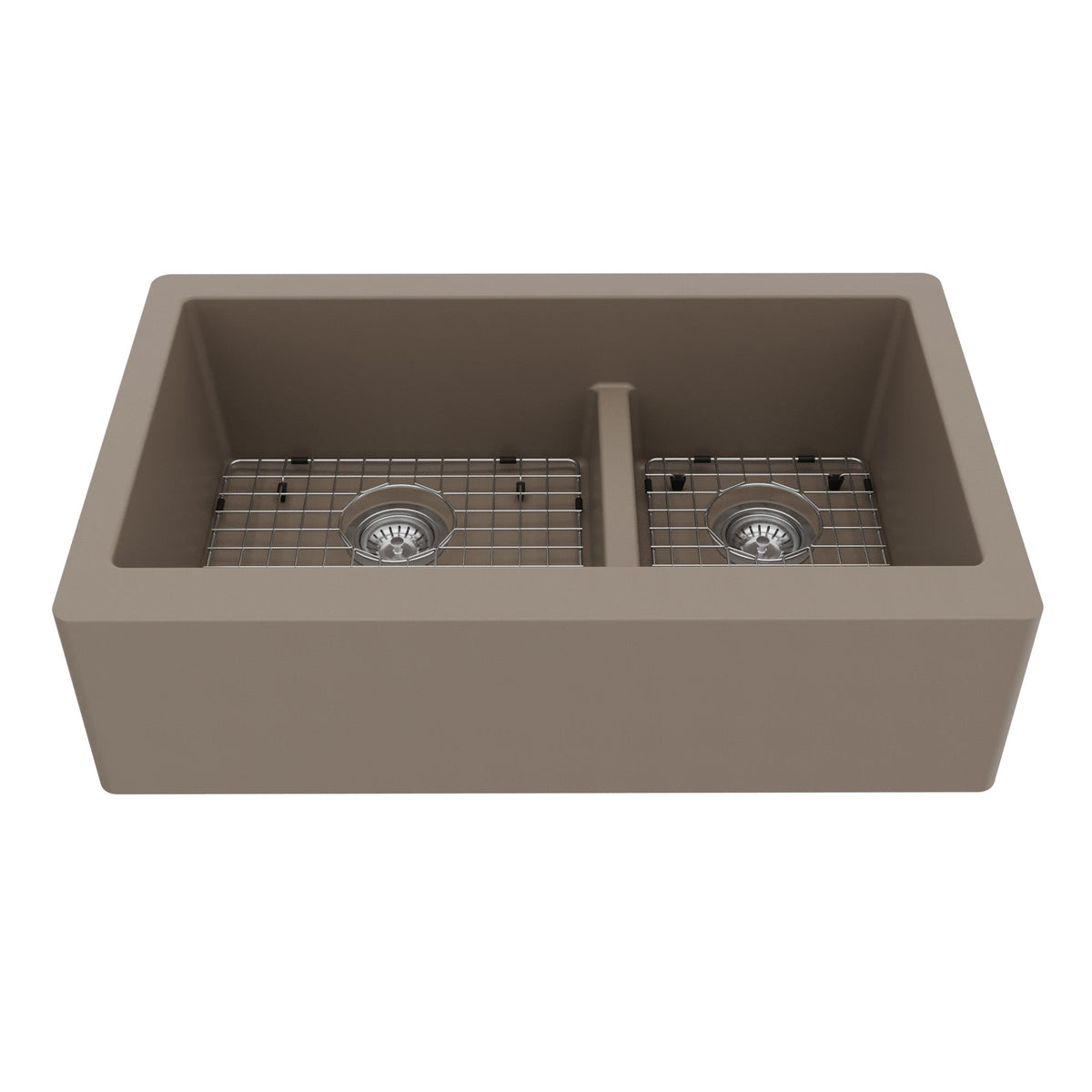 34" Farmhouse Double Offset Bowl Quartz Composite Kitchen Sink Kit In Concrete