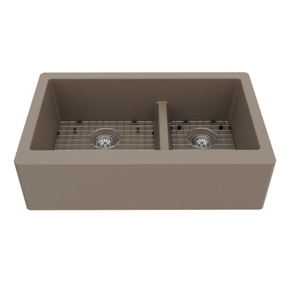 34" Farmhouse Double Offset Bowl Quartz Composite Kitchen Sink Kit In Concrete
