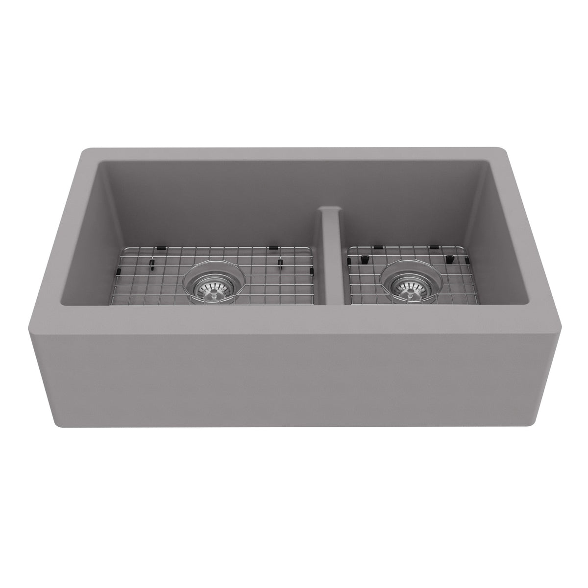 34" Farmhouse Double Offset Bowl Quartz Composite Kitchen Sink Kit In Grey