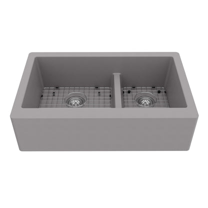 34" Farmhouse Double Offset Bowl Quartz Composite Kitchen Sink Kit In Grey