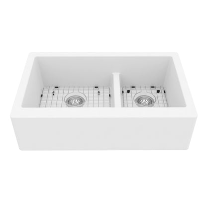 34" Farmhouse Double Offset Bowl Quartz Composite Kitchen Sink Kit In White