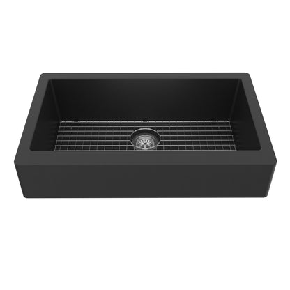 34" Retrofit Farmhouse Large Single Bowl Quartz Composite Kitchen Sink Kit In Black