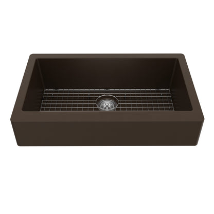 34" Retrofit Farmhouse Large Single Bowl Quartz Composite Kitchen Sink Kit In Brown