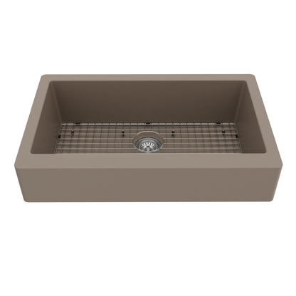 34" Retrofit Farmhouse Large Single Bowl Quartz Composite Kitchen Sink Kit In Concrete