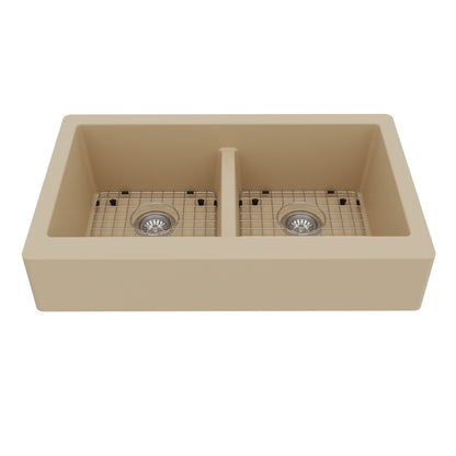 34" Retrofit Farmhouse Double Equal Bowl Quartz Composite Kitchen Sink Kit In Bisque