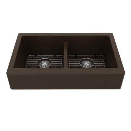 34" Retrofit Farmhouse Double Equal Bowl Quartz Composite Kitchen Sink Kit In Brown