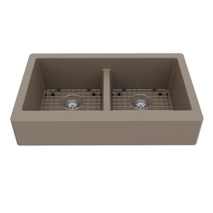 34" Retrofit Farmhouse Double Equal Bowl Quartz Composite Kitchen Sink Kit In Concrete