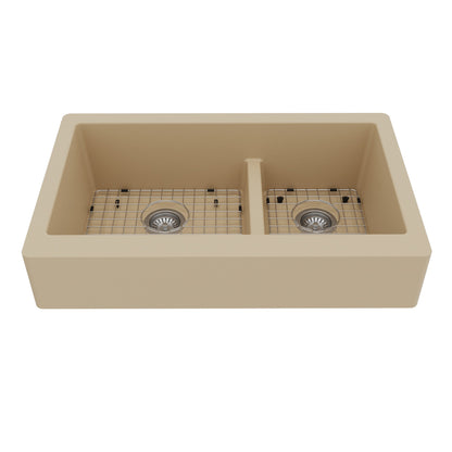 34" Retrofit Farmhouse Double Offset Bowl Quartz Composite Kitchen Sink Kit In Bisque