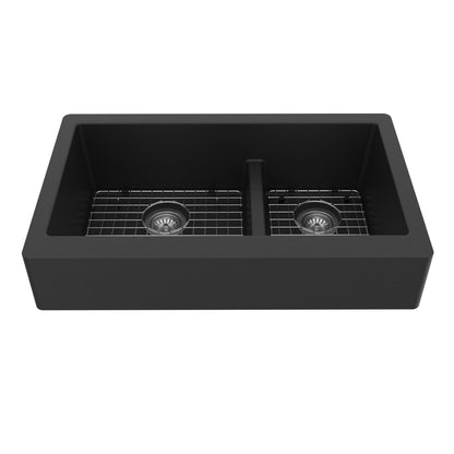 34" Retrofit Farmhouse Double Offset Bowl Quartz Composite Kitchen Sink Kit In Black