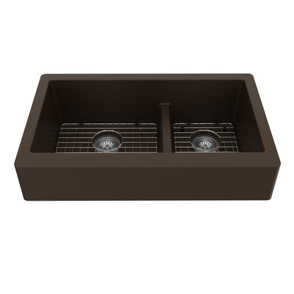 34" Retrofit Farmhouse Double Offset Bowl Quartz Composite Kitchen Sink Kit In Brown