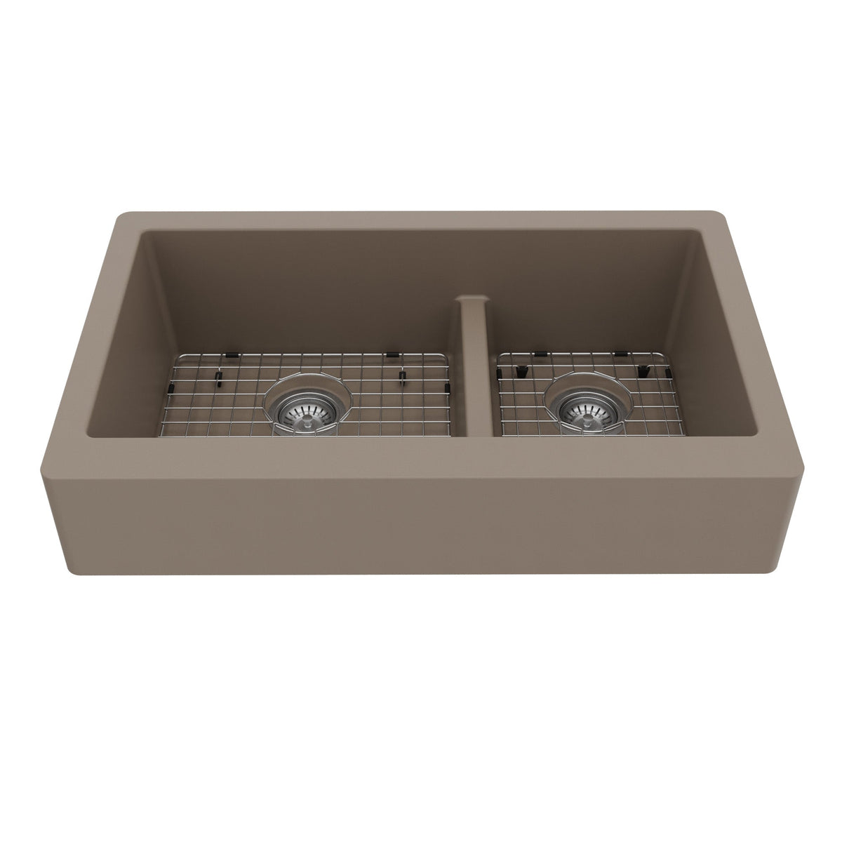 34" Retrofit Farmhouse Double Offset Bowl Quartz Composite Kitchen Sink Kit In Concrete