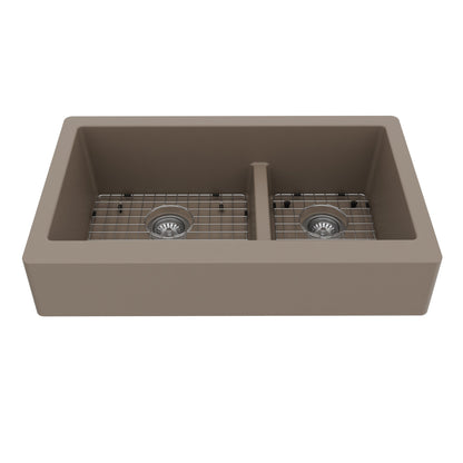 34" Retrofit Farmhouse Double Offset Bowl Quartz Composite Kitchen Sink Kit In Concrete