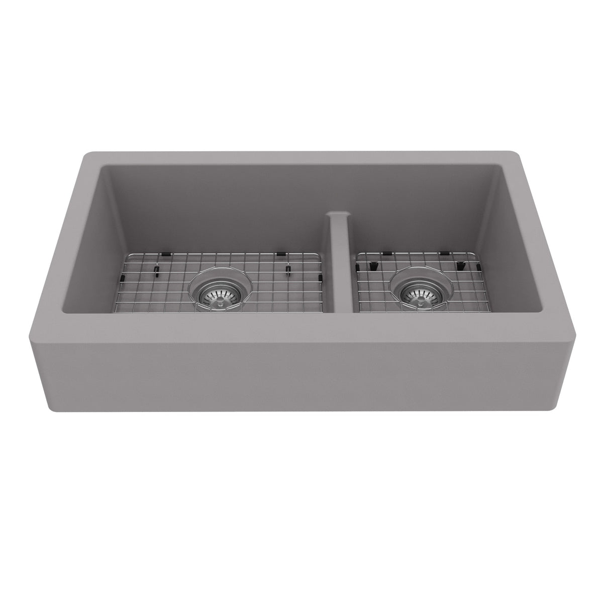 34" Retrofit Farmhouse Double Offset Bowl Quartz Composite Kitchen Sink Kit In Grey