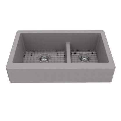 34" Retrofit Farmhouse Double Offset Bowl Quartz Composite Kitchen Sink Kit In Grey