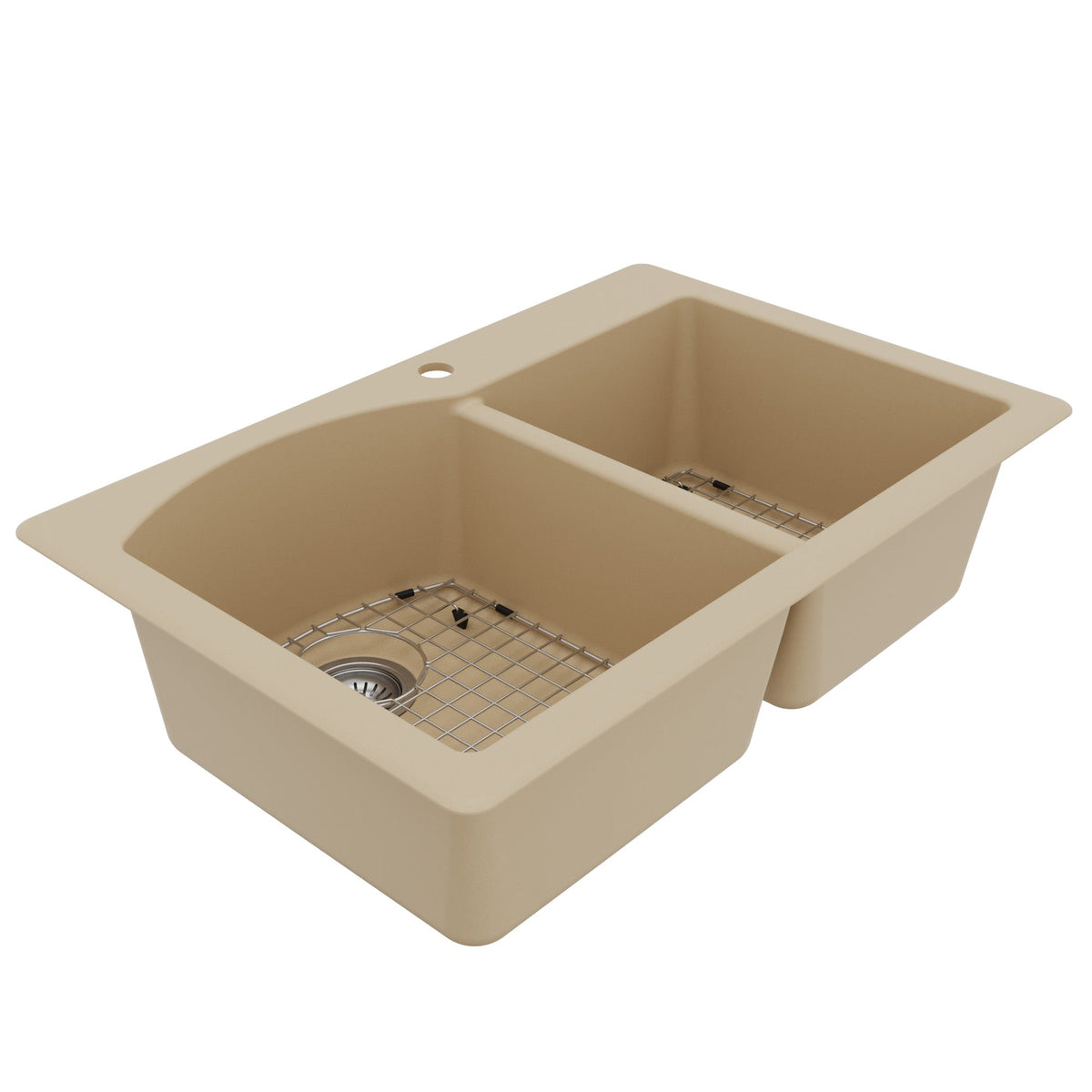 33" Top Mount Double Offset Bowl Quartz Composite Kitchen Sink Kit In Bisque