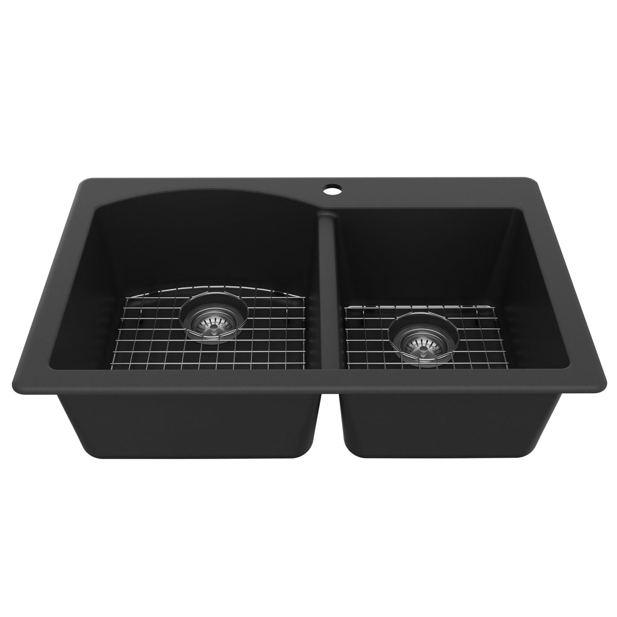 33" Top Mount Double Offset Bowl Quartz Composite Kitchen Sink Kit In Black