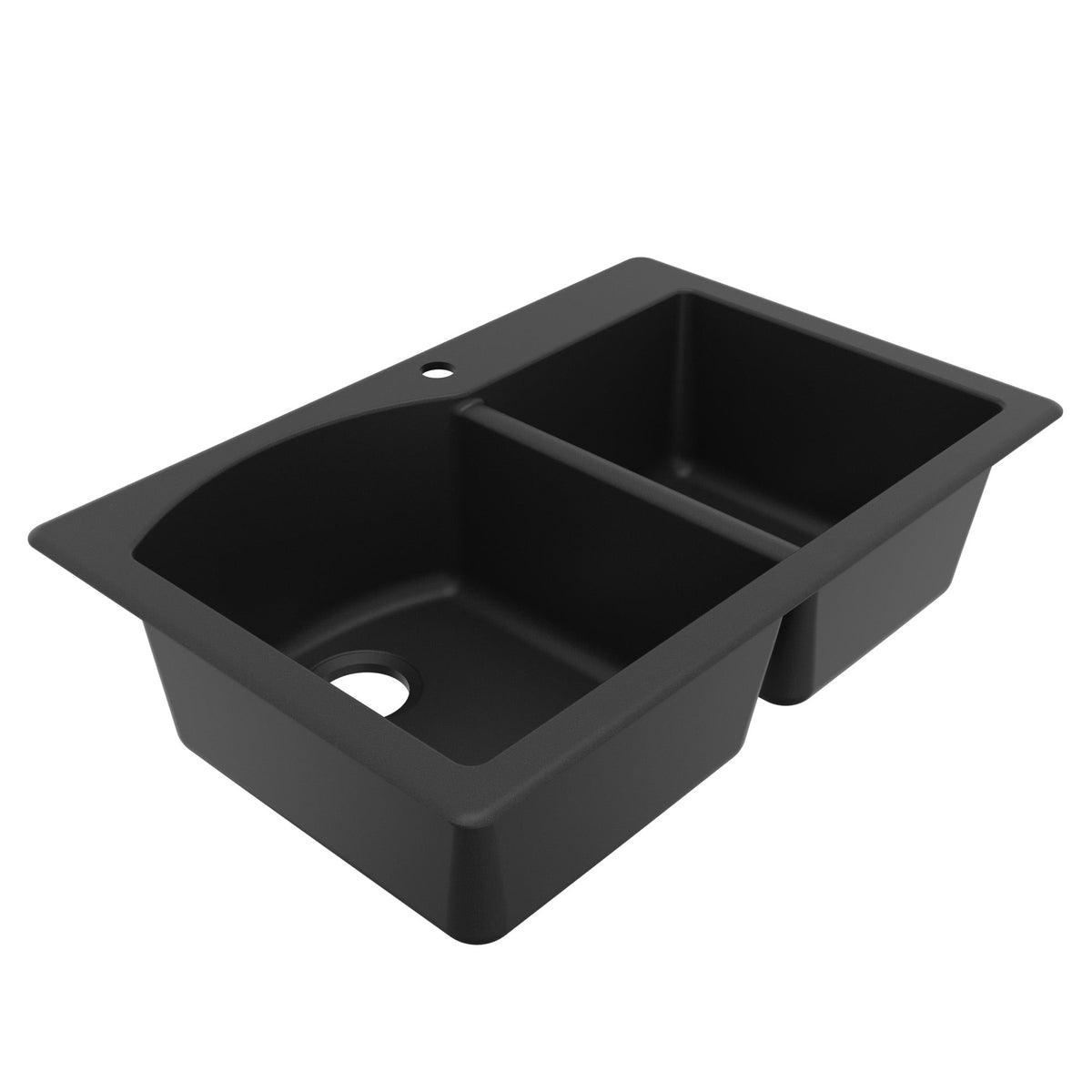 33" Top Mount Double Offset Bowl Quartz Composite Kitchen Sink In Black
