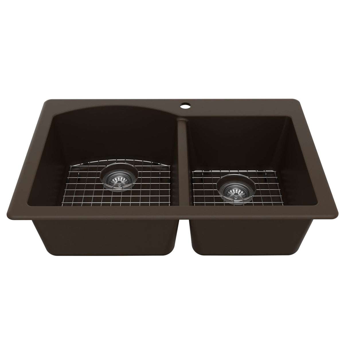 33" Top Mount Double Offset Bowl Quartz Composite Kitchen Sink Kit In Brown