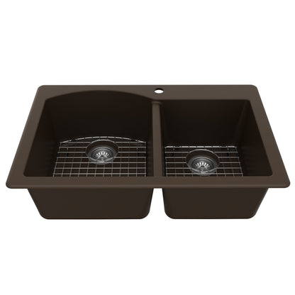 33" Top Mount Double Offset Bowl Quartz Composite Kitchen Sink Kit In Brown